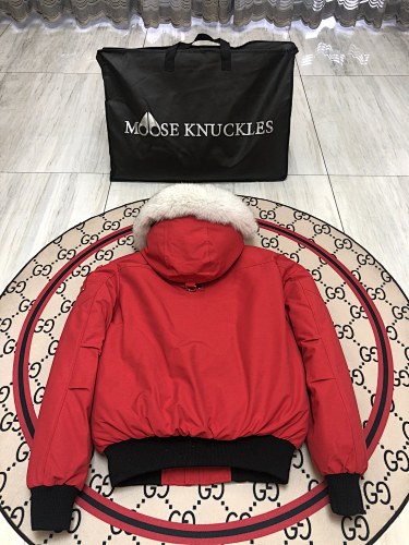 Moose Knuckles Red White-Trim Hooded Bomber Jacket