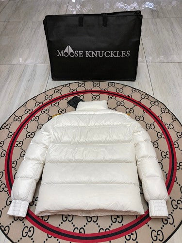Moose Knuckles White Glossy Stand-Collar Puffer Jacket