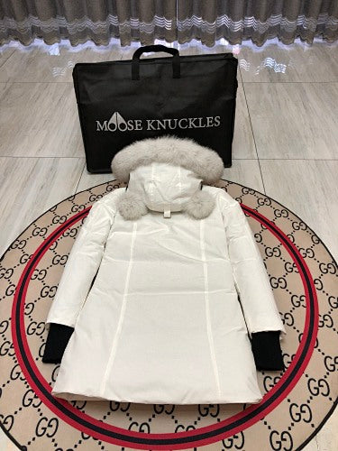 Moose Knuckles White Hooded Parka with Pom-Pom Details