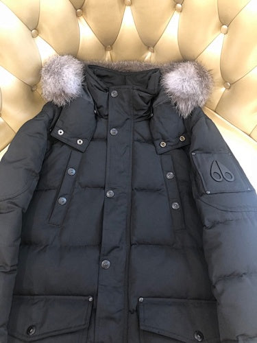Moose Knuckles Black Long Hooded Parka with Grey Textured Trim