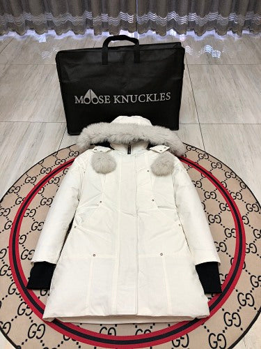 Moose Knuckles White Hooded Parka with Pom-Pom Details