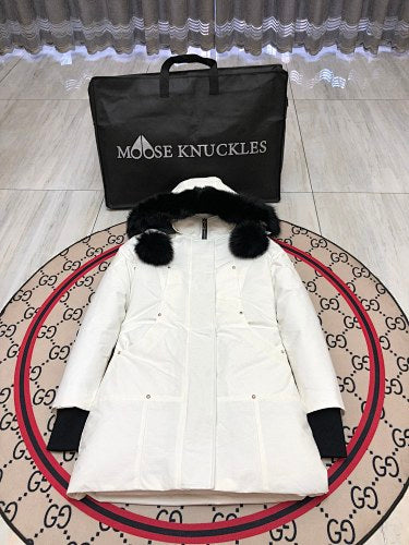Moose Knuckles White Hooded Parka with Pom-Pom Details