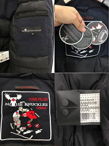 Moose Knuckles Navy Hooded Bomber Jacket with Textured Trim