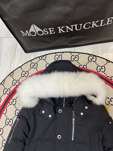 Moose Knuckles Black Hooded Parka with Textured Trim