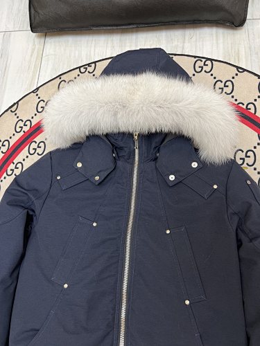 Moose Knuckles Navy Hooded Bomber Jacket with Textured Trim