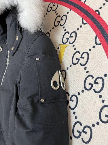 Moose Knuckles Black Hooded Parka with Textured Trim