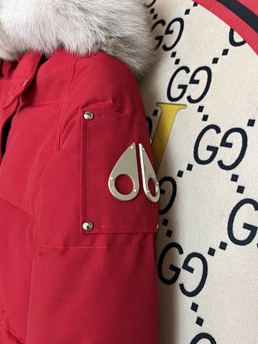 Moose Knuckles Red Hooded Parka with Textured Trim