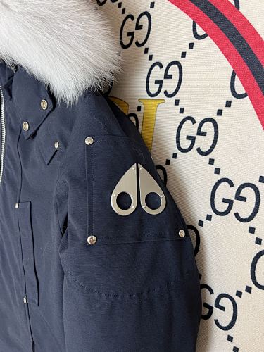 Moose Knuckles Navy Hooded Bomber Jacket with Textured Trim