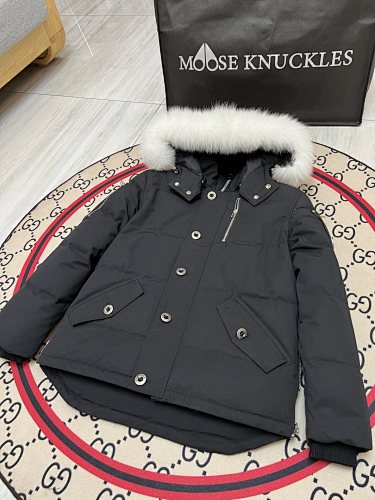 Moose Knuckles Black Hooded Parka with Textured Trim