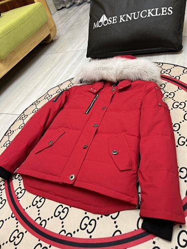 Moose Knuckles Red Hooded Parka with Textured Trim