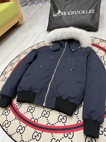 Moose Knuckles Navy Hooded Bomber Jacket with Textured Trim