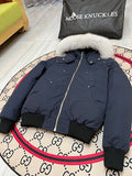 Moose Knuckles Navy Hooded Bomber Jacket with Textured Trim