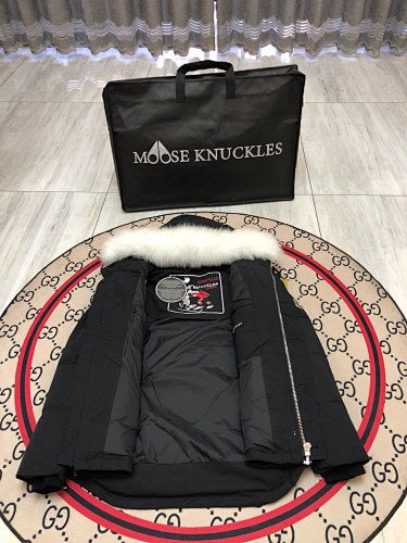 Moose Knuckles Black White-Trim Hooded Puffer Parka