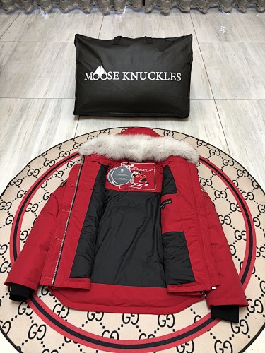 Moose Knuckles Red Hooded Parka with Textured Trim