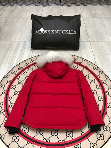 Moose Knuckles Red Hooded Parka with Textured Trim