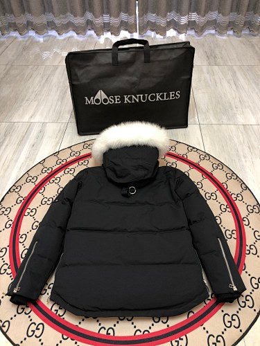 Moose Knuckles Black White-Trim Hooded Puffer Parka