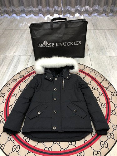 Moose Knuckles Black Hooded Parka with Textured Trim