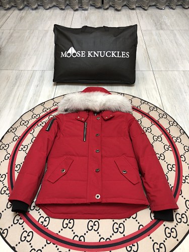 Moose Knuckles Red Hooded Parka with Textured Trim