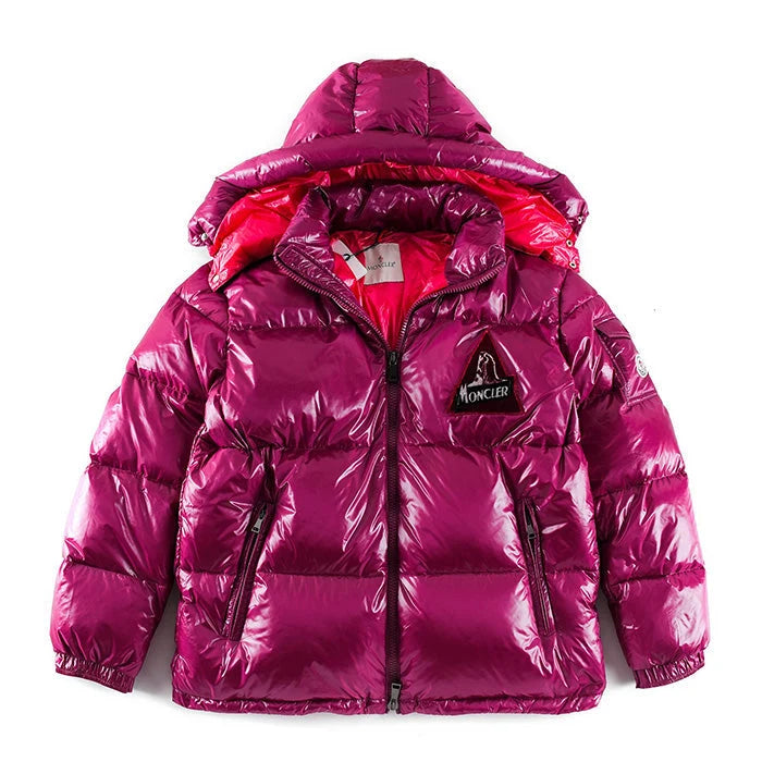 Moncler Magenta Glossy Hooded Puffer Jacket with Chest Logo