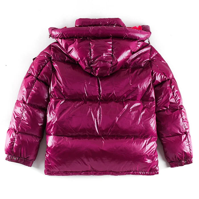 Moncler Magenta Glossy Hooded Puffer Jacket with Chest Logo