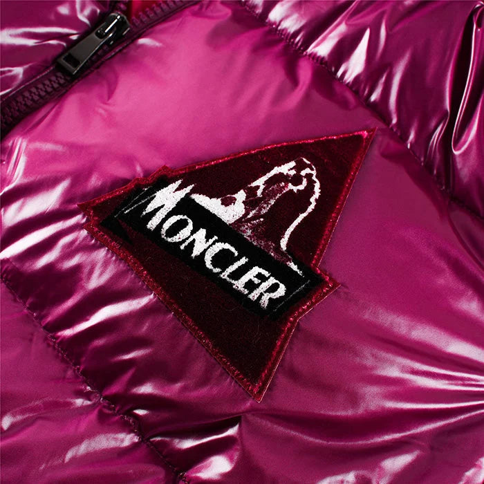 Moncler Magenta Glossy Hooded Puffer Jacket with Chest Logo