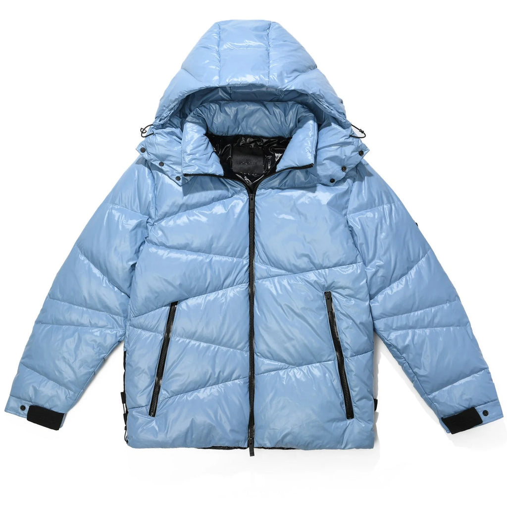 Moncler Light Blue Glossy Hooded Puffer Jacket with Angled Quilting