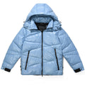 Moncler Light Blue Glossy Hooded Puffer Jacket with Angled Quilting