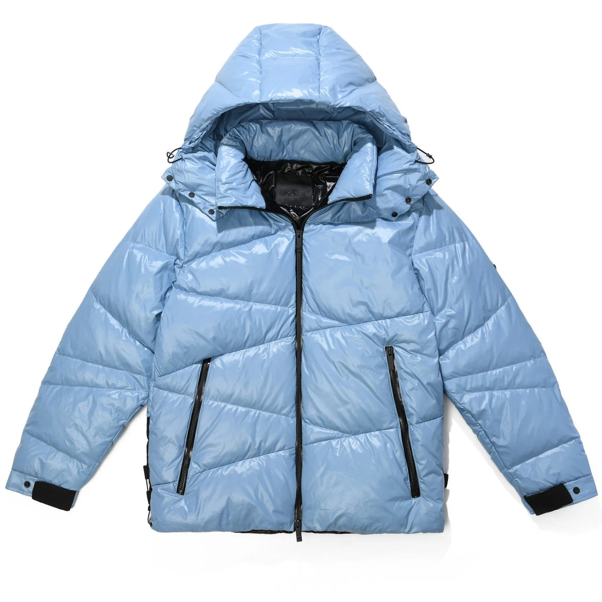 Moncler Light Blue Glossy Hooded Puffer Jacket with Angled Quilting