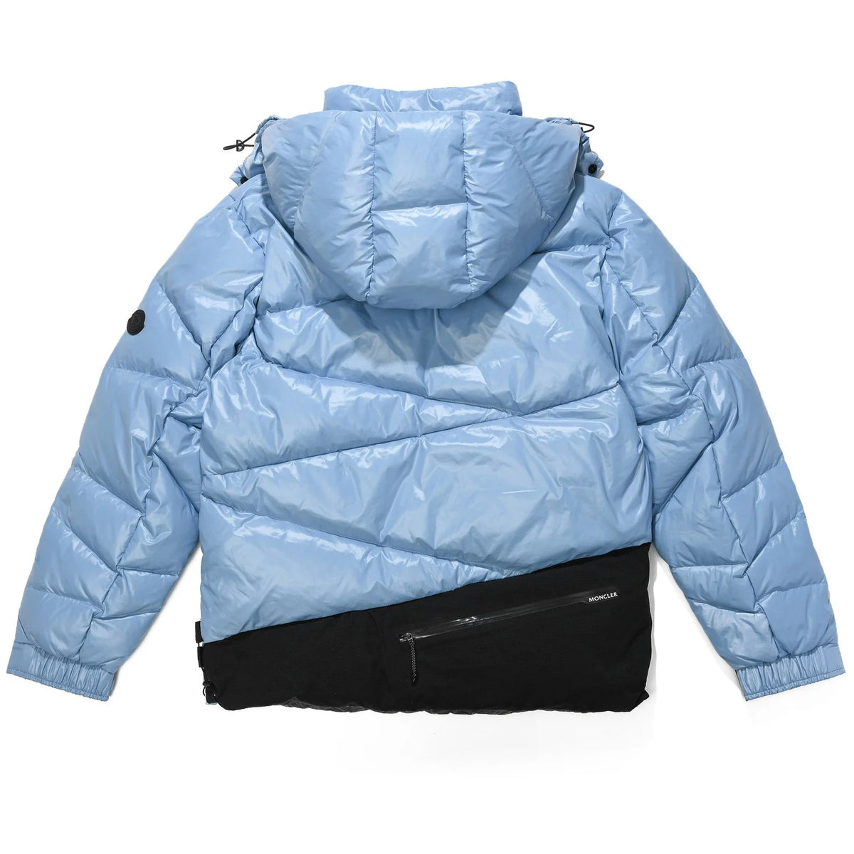 Moncler Light Blue Glossy Hooded Puffer Jacket with Angled Quilting