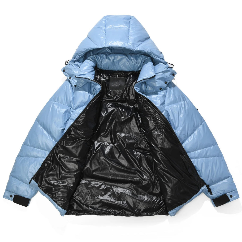 Moncler Light Blue Glossy Hooded Puffer Jacket with Angled Quilting