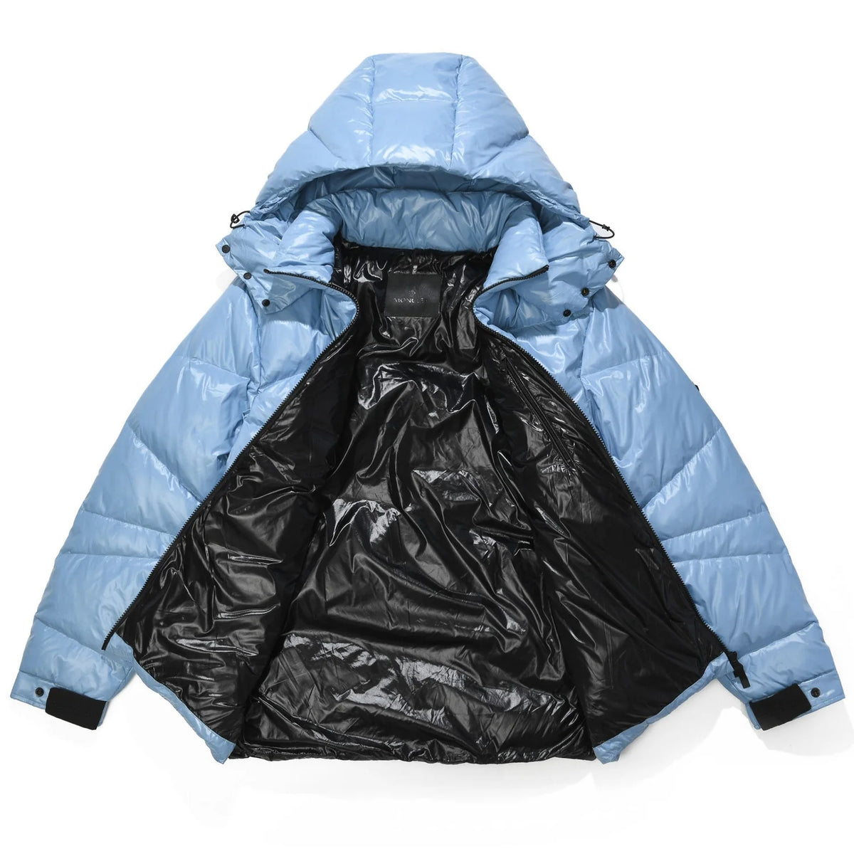 Moncler Light Blue Glossy Hooded Puffer Jacket with Angled Quilting