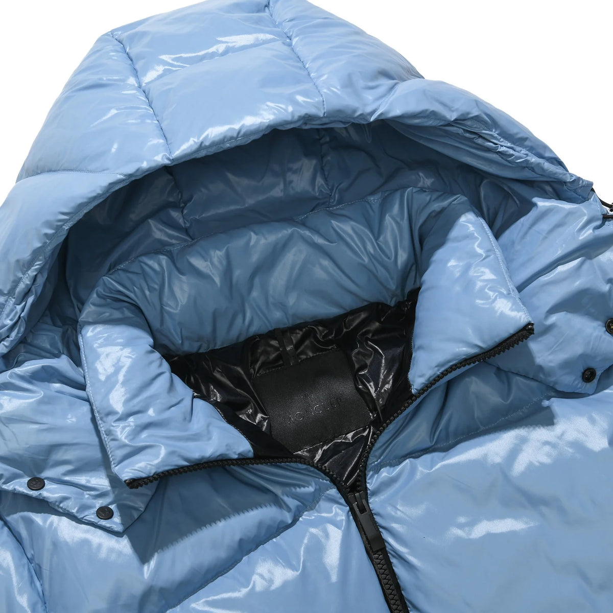Moncler Light Blue Glossy Hooded Puffer Jacket with Angled Quilting