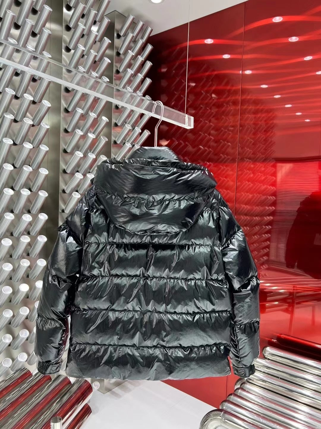 Moncler Black Glossy Hooded Puffer Jacket with Double Sleeve Patches