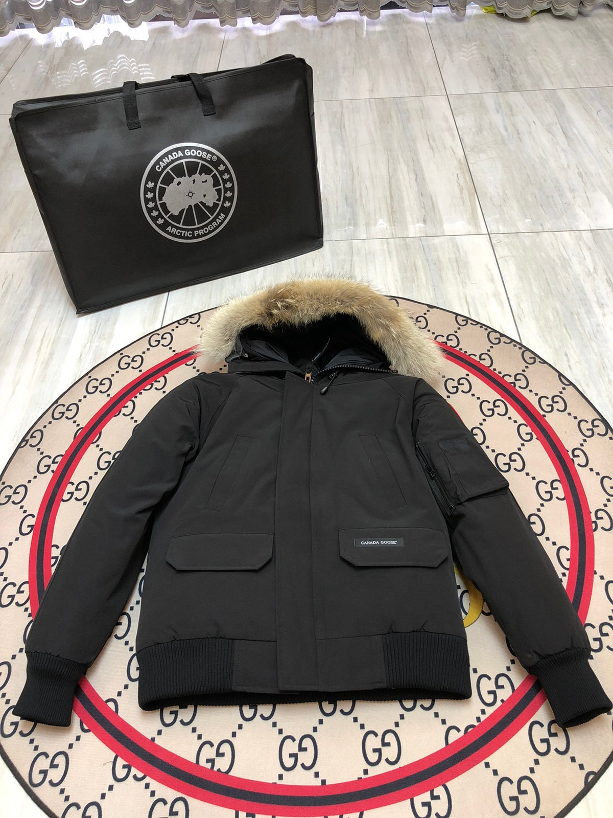 Canada Goose Black Hooded Bomber Jacket with Textured Trim