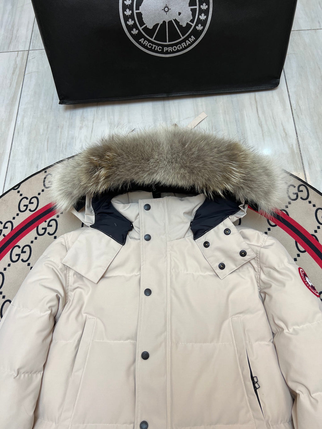 Canada Goose Cream Hooded Puffer Jacket with Textured Trim