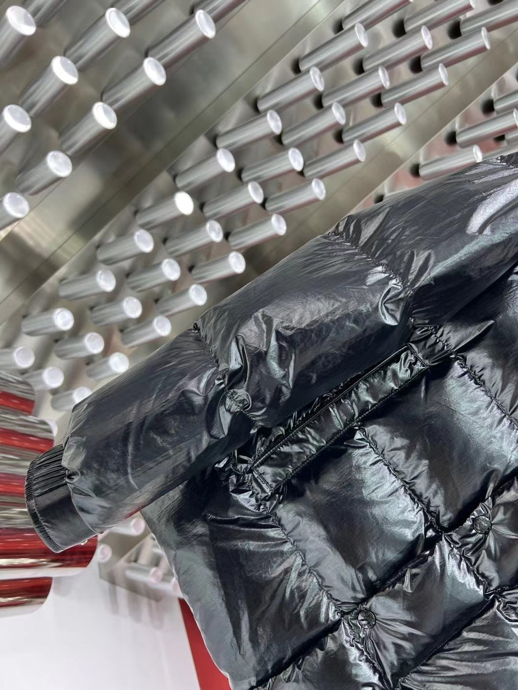 Moncler Black Glossy Hooded Puffer Jacket with Double Sleeve Patches
