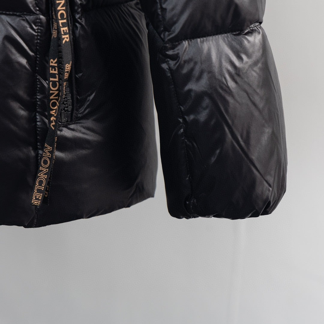 Moncler Black Glossy Puffer Jacket with Gold Contrast Details
