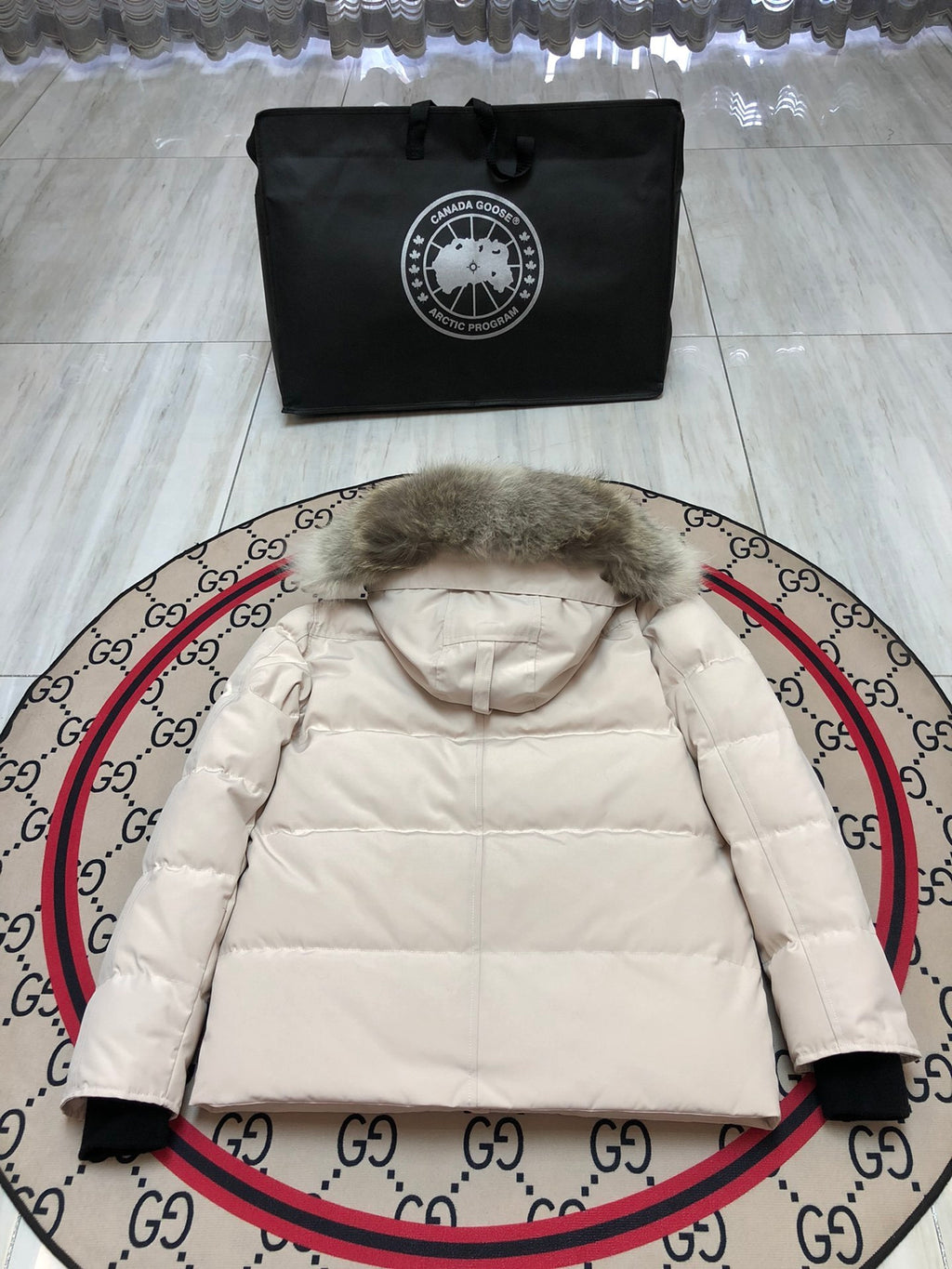 Canada Goose Cream Hooded Puffer Jacket with Textured Trim