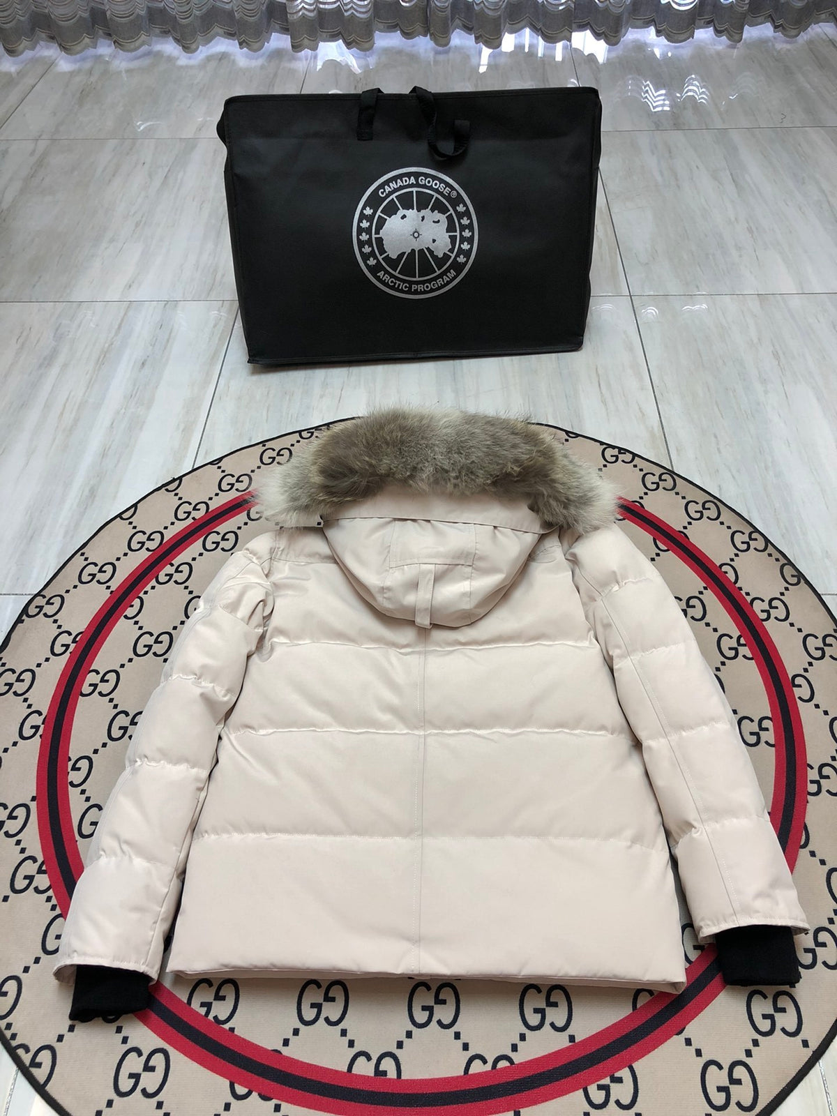 Canada Goose Cream Hooded Puffer Jacket with Textured Trim