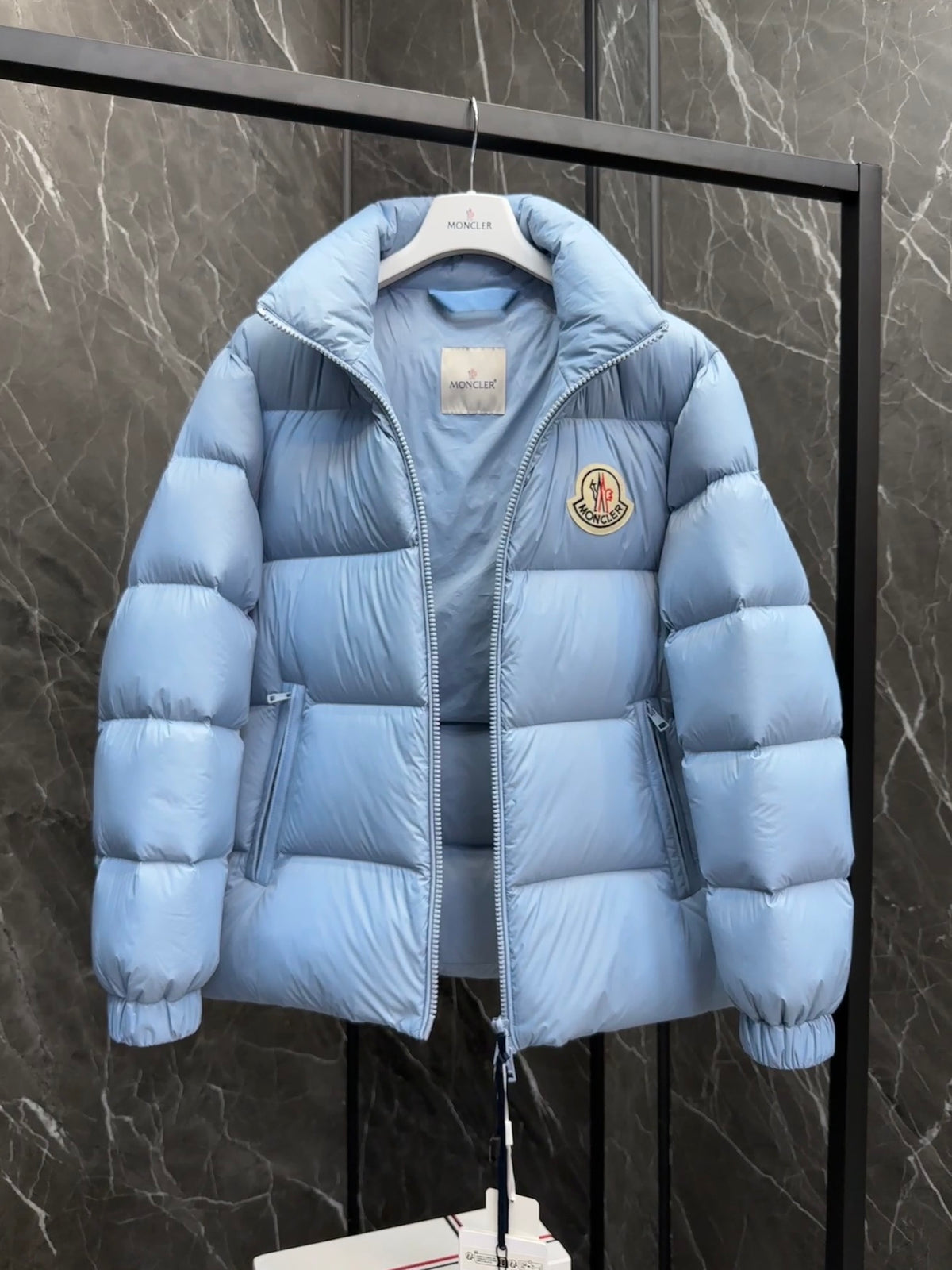 Moncler Light Blue Quilted Puffer Jacket with Stand Collar