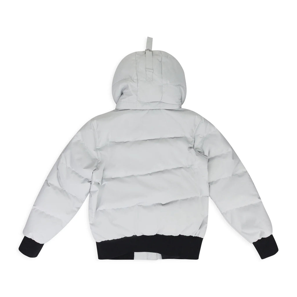 Moose Knuckles Light Grey Hooded Puffer Jacket with Black Ribbed Trim