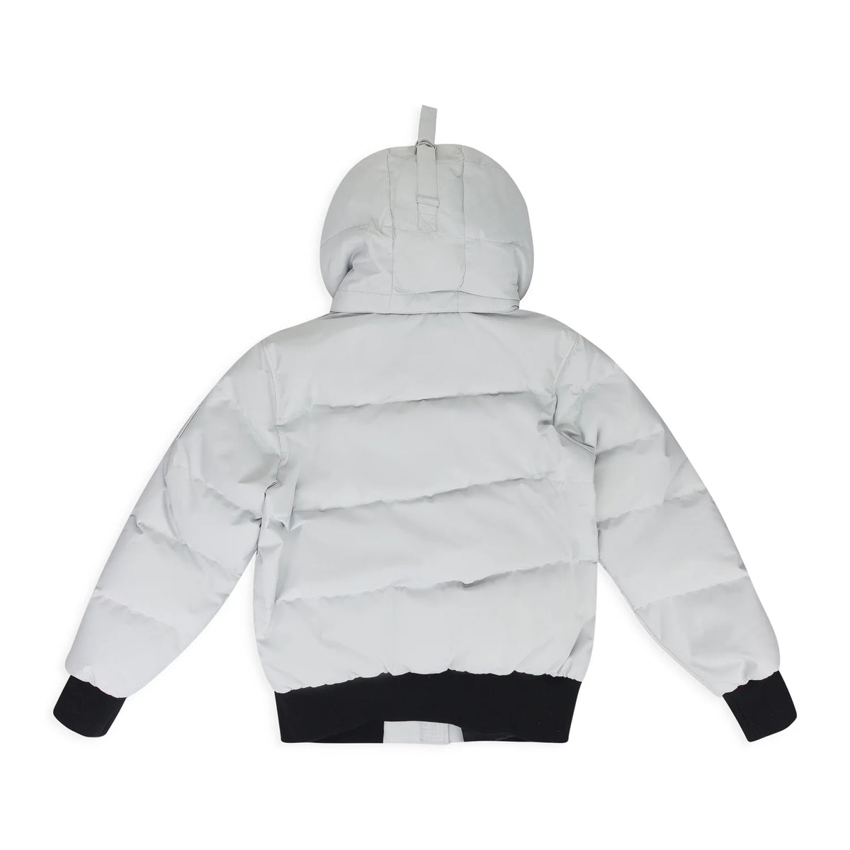 Moose Knuckles Light Grey Hooded Puffer Jacket with Black Ribbed Trim