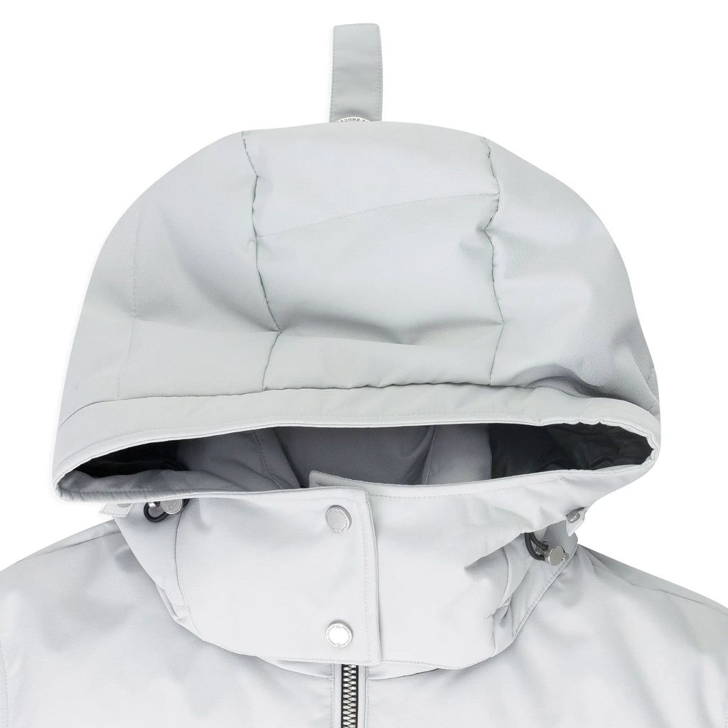 Moose Knuckles Light Grey Hooded Puffer Jacket with Black Ribbed Trim