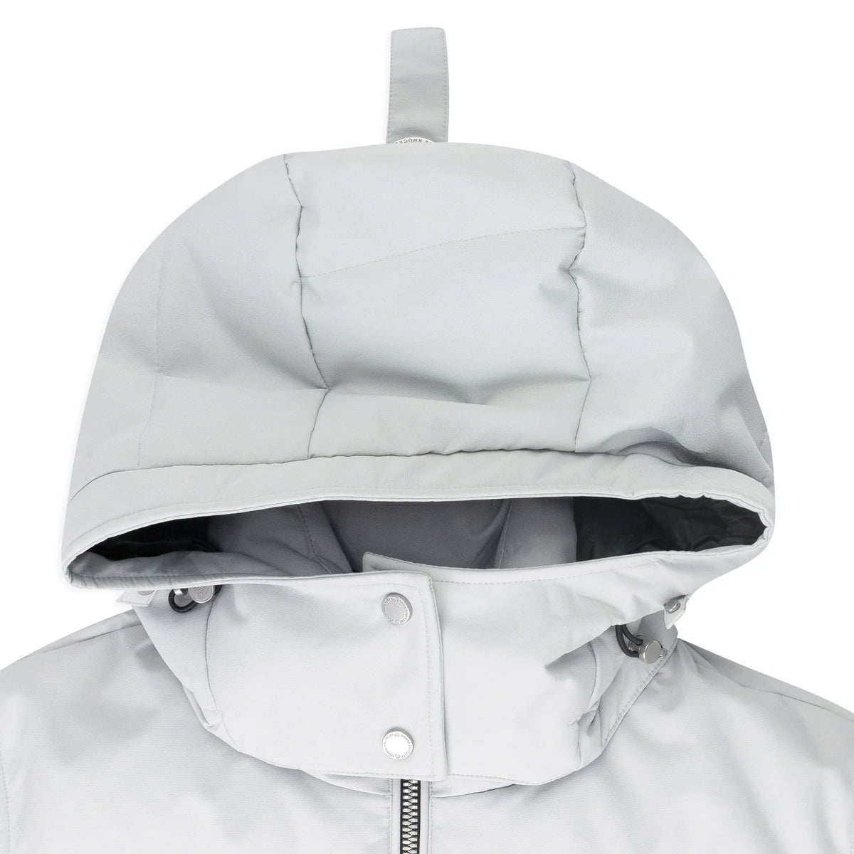 Moose Knuckles Light Grey Hooded Puffer Jacket with Black Ribbed Trim
