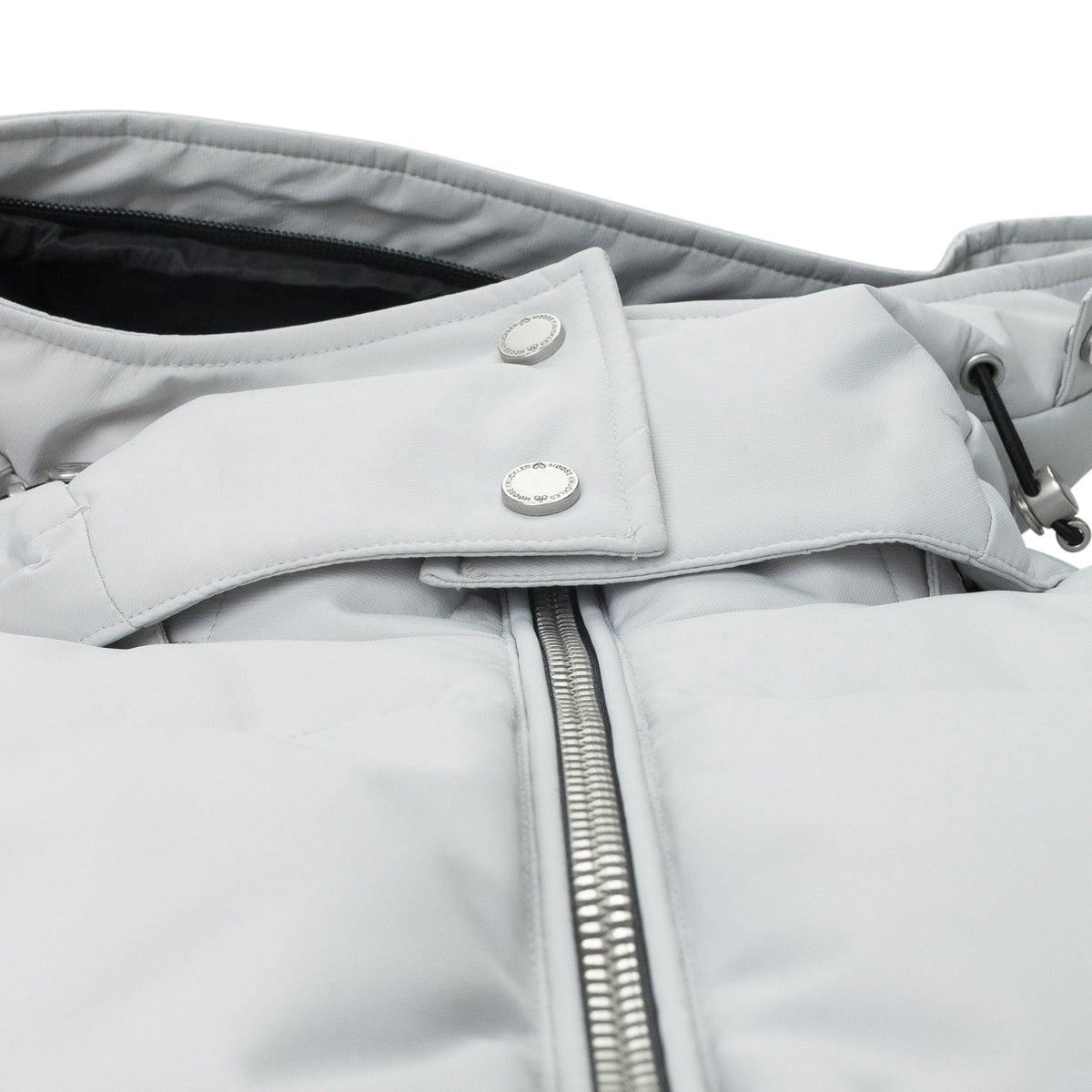 Moose Knuckles Light Grey Hooded Puffer Jacket with Black Ribbed Trim