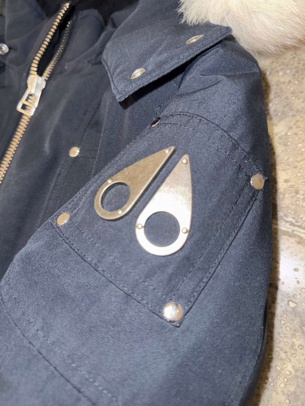 Moose Knuckles Navy Hooded Bomber Jacket with Light Textured Trim