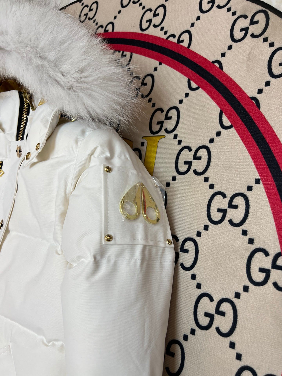 Moose Knuckles White Hooded Puffer Jacket with Gold-Tone Details