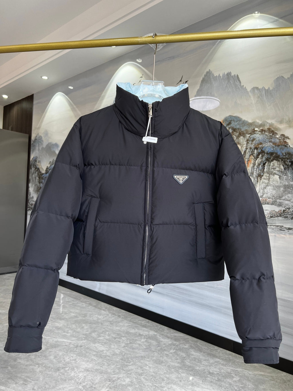 Prada Black Cropped Puffer Jacket with Stand Collar
