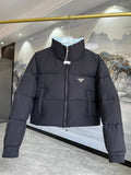 Prada Black Cropped Puffer Jacket with Stand Collar