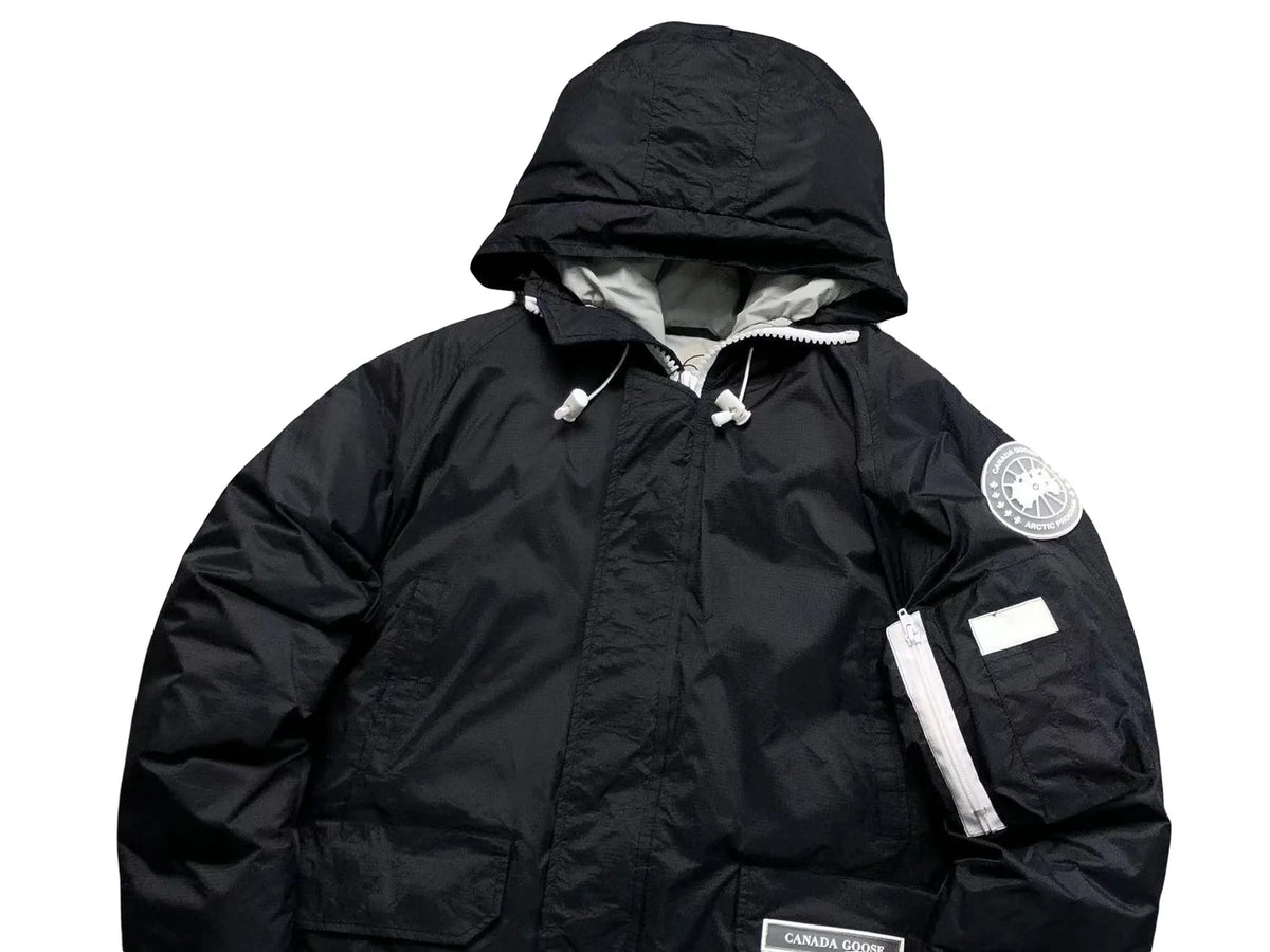 Black Hooded Bomber Jacket with Contrast White Details